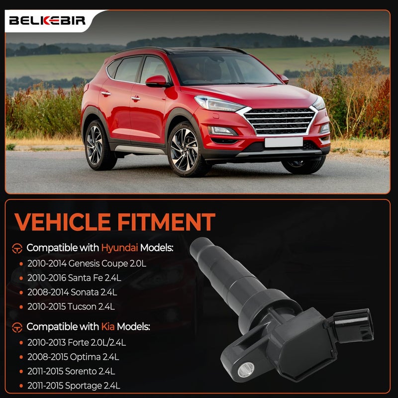 BELKEBIR Set of 4 Ignition Coil Pack & Iridium Spark Plugs Compatible with 2.0L 2.4L 2008-2014 Hyundai Sonata Santa Tucson Genesis Coupe, 2008-2015 Kia Optima Forte Sorento Sportage Replace UF611 & XP6203 - Image 2