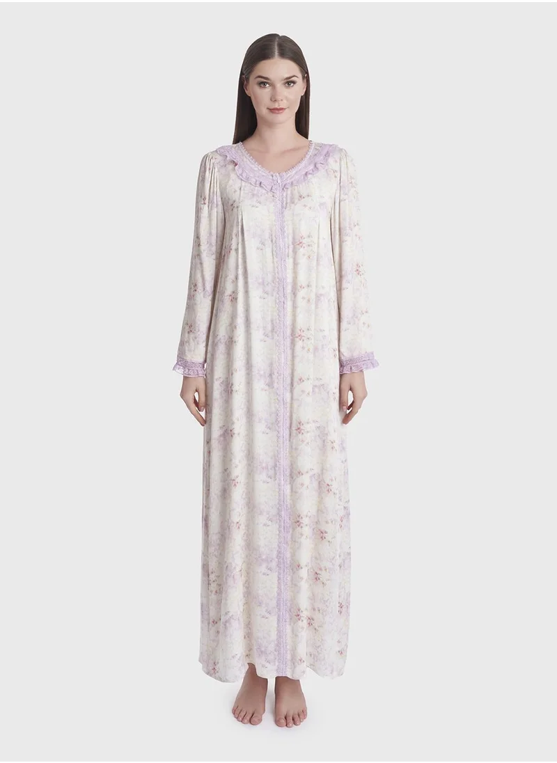 كشخة Floral Printed Lace Work Nightwear Dress