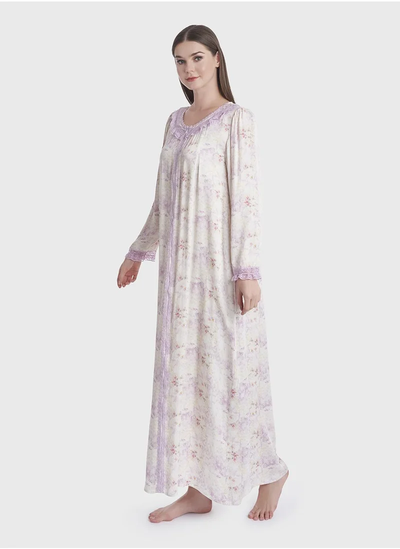 كشخة Floral Printed Lace Work Nightwear Dress