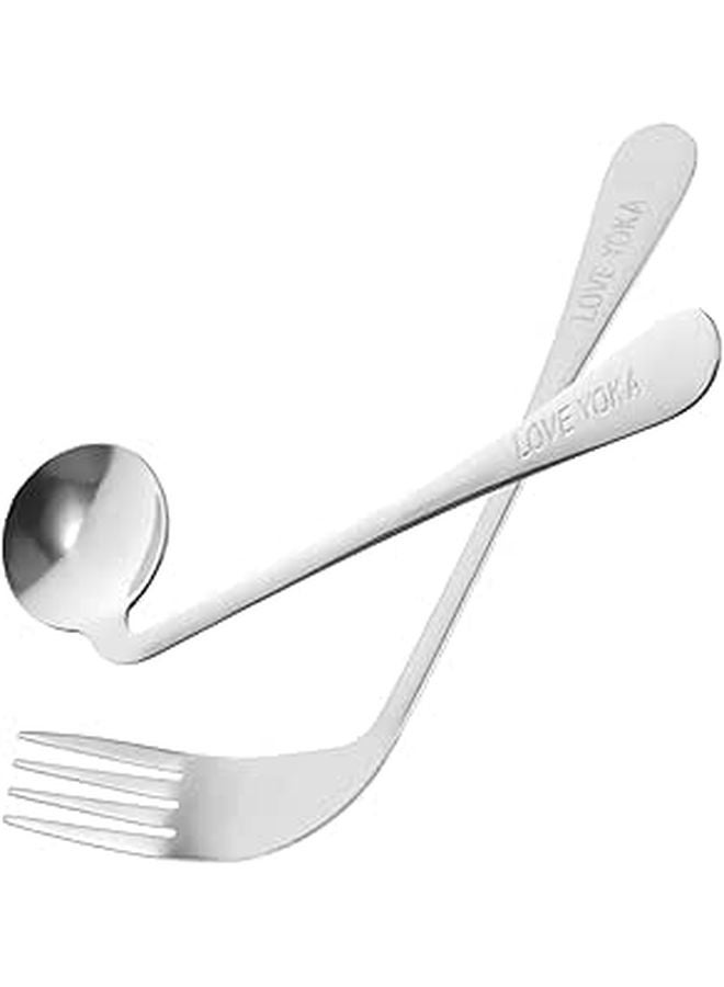 Stainless Steel Angled Feeding Fork Spoon Set 2 Pieces Adaptive Utensils for Elderly - Image 1