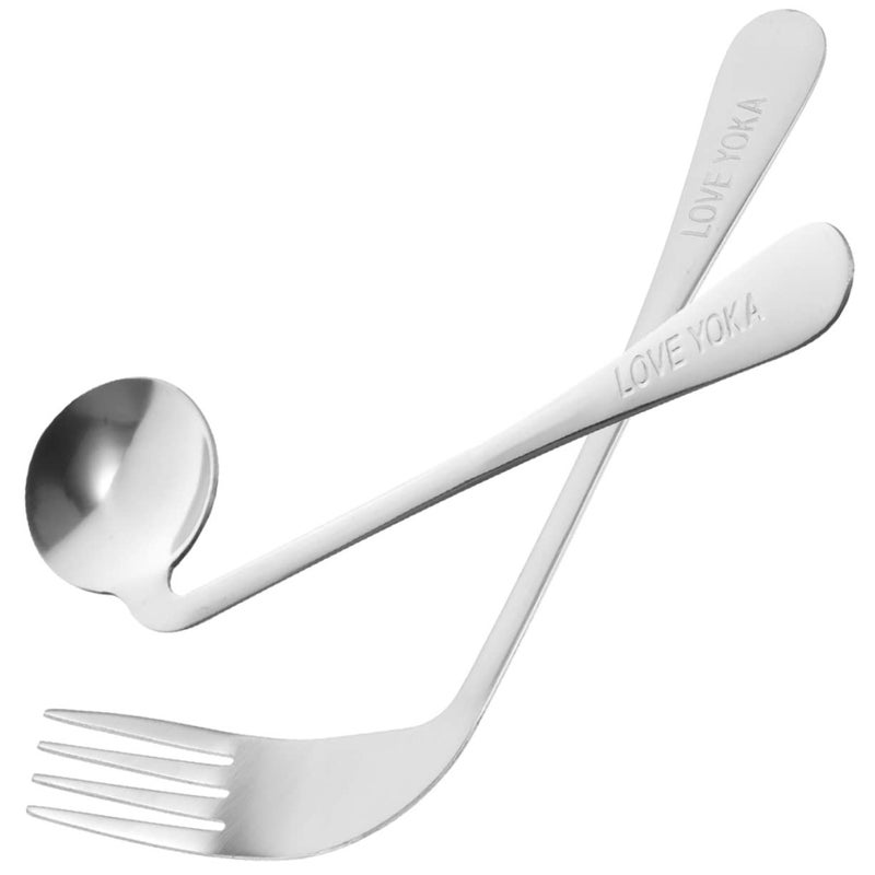 Stainless Steel Angled Feeding Fork Spoon Set 2 Pieces Adaptive Utensils for Elderly - Image 2