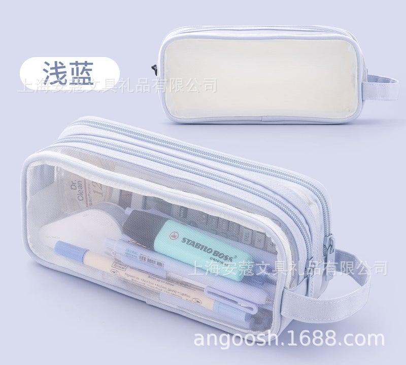 Anko transparent mesh pencil bag Oxford cloth stationery bag for boys with large capacity that can be brought into the examination room pencil bag for girls 631 light blue-mesh large capacity - Image 1