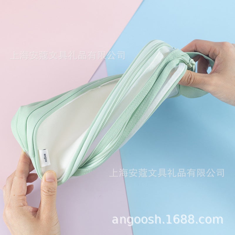 Anko transparent mesh pencil bag Oxford cloth stationery bag for boys with large capacity that can be brought into the examination room pencil bag for girls 631 light blue-mesh large capacity - Image 2