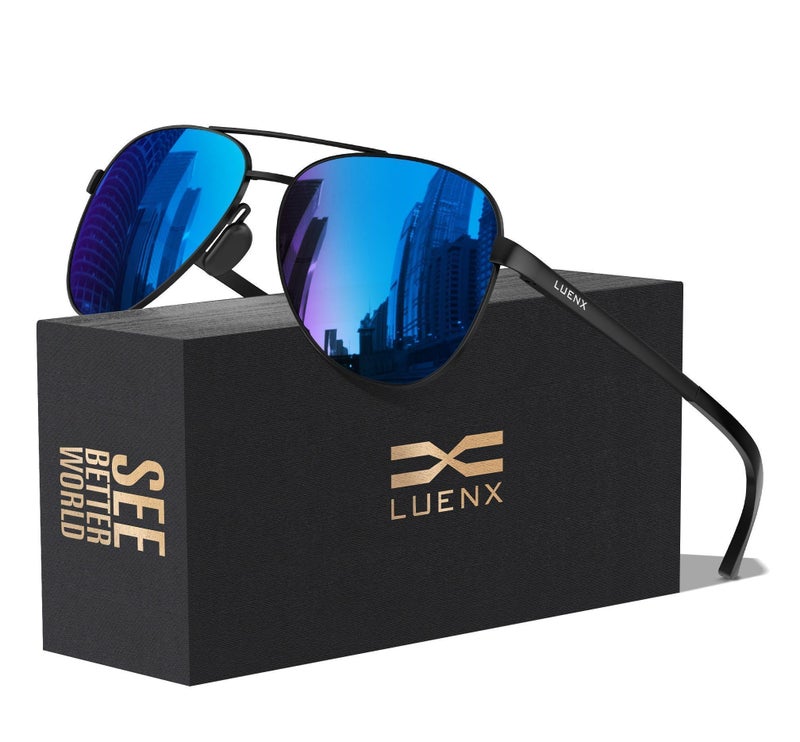 LUENX Aviator Sunglasses for Men Women Polarized - UV400 Protection, Classic Metal Frame, Anti-Glare Blue Mirrored Lense, Lightweight Durable, Stylish Eyewear for Driving&Outdoor Activity 59mm - Image 1