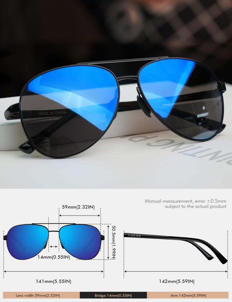 LUENX Aviator Sunglasses for Men Women Polarized - UV400 Protection, Classic Metal Frame, Anti-Glare Blue Mirrored Lense, Lightweight Durable, Stylish Eyewear for Driving&Outdoor Activity 59mm - Image 2