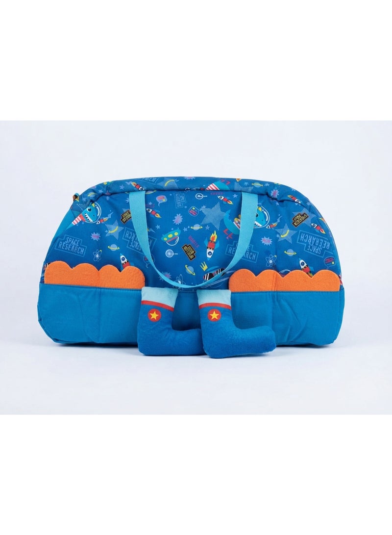 3D Space Dinosaur Kids Travel Duffle Bag (Blue) | Multi-Pocket Nursery & Travel Bag with Plush Feet and Tail - Image 1