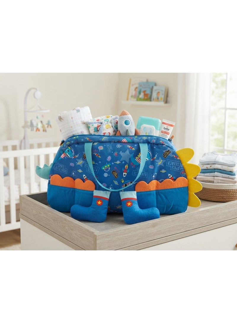 3D Space Dinosaur Kids Travel Duffle Bag (Blue) | Multi-Pocket Nursery & Travel Bag with Plush Feet and Tail - Image 3