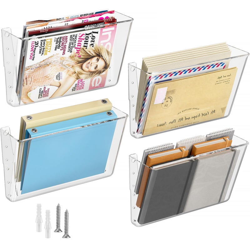 MaxGear Acrylic Wall File Organizer 4 Pockets Clear Wall Mounted File Holder Mail Organizer for Home Office and School 13x4x7 inches