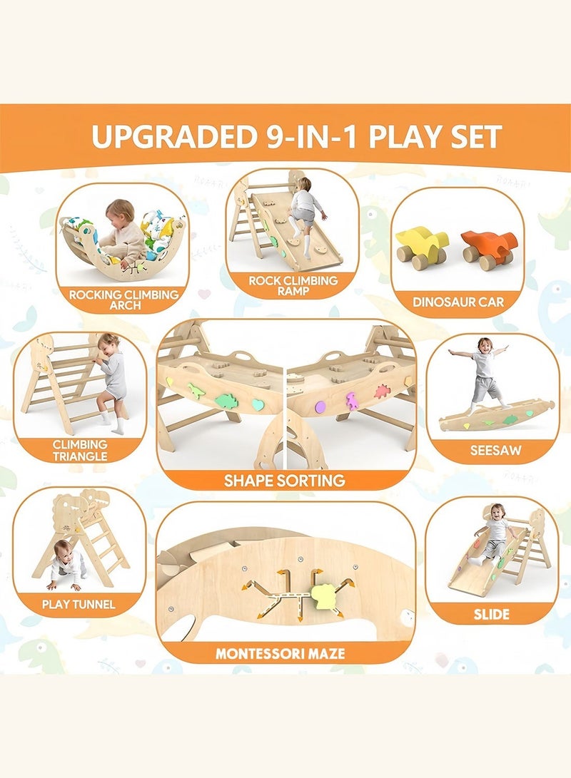 ما بيبي مجموعة مونتيسوري للتسلق ٩ في ١ للأطفال الصغار - صالة ألعاب خشبية مُحسّنة مع قوس هزاز، ومثلث تسلق، وزحليقة، وأرجوحة، وأداة فرز الأشكال، ومتاهة، وسيارات ديناصورات | مركز أنشطة داخلي وخارجي للأطفال (من ١ إلى ٤ سنوات) - Image 2
