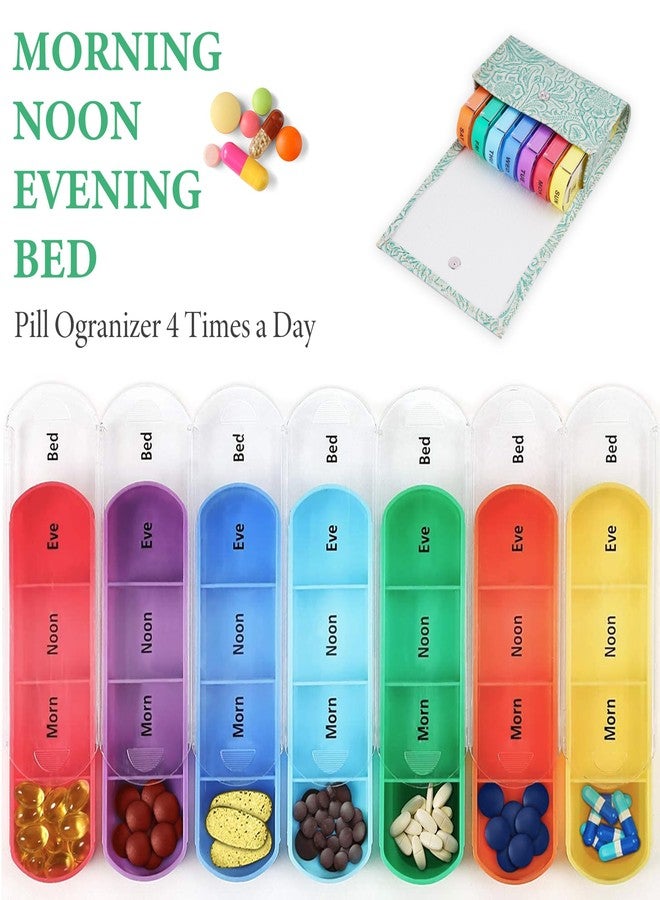 Haecsfl Pill Organizer,Haecsfl Weekly Travel Pill Case Box Medication Reminder Daily AM PM, Day Night 7 Compartments,for 4 Times A Day, 7 Days a Week-Includes Leather PU Carrying Case(1-Carved Green1) - Image 5