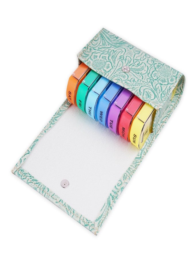 Haecsfl Pill Organizer,Haecsfl Weekly Travel Pill Case Box Medication Reminder Daily AM PM, Day Night 7 Compartments,for 4 Times A Day, 7 Days a Week-Includes Leather PU Carrying Case(1-Carved Green1) - Image 2