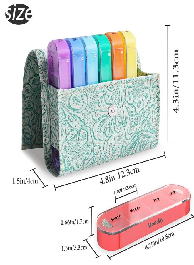 Haecsfl Pill Organizer,Haecsfl Weekly Travel Pill Case Box Medication Reminder Daily AM PM, Day Night 7 Compartments,for 4 Times A Day, 7 Days a Week-Includes Leather PU Carrying Case(1-Carved Green1) - Image 3