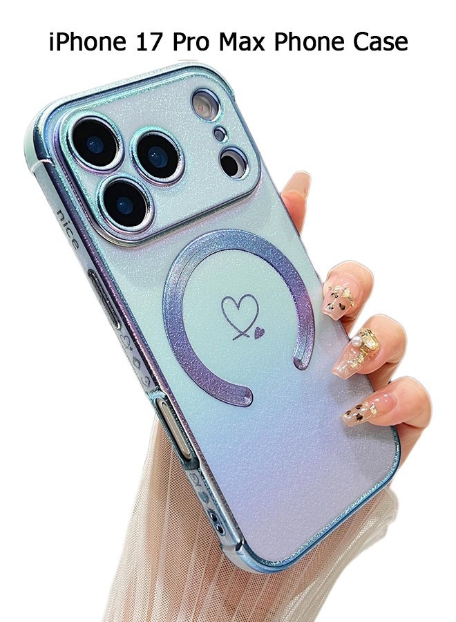 Compatible with iPhone 17 Pro Max Cases [Compatible with MagSafe] - Cute Luxruy Iridescent Case with Love Hearts Pattern, Plating Edge Camera Lens Protection Shockproof Phone Case - Blue