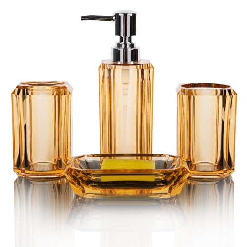 LGURT 4-Piece Champagne Gold Bathroom Accessories Set with Soap Dispenser, Soap Dish, Tumbler & Toothbrush Holder, Glossy Acrylic with Champagne Accent, Vanity Bathroom Decor - Image 1