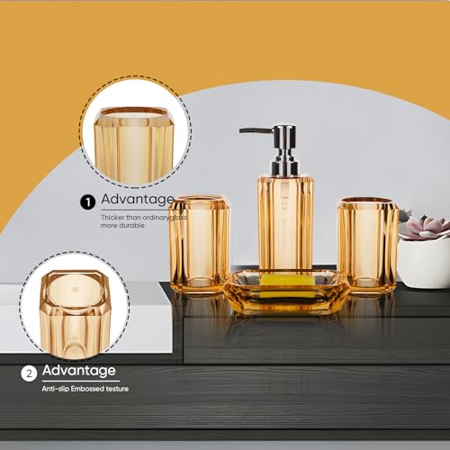 LGURT 4-Piece Champagne Gold Bathroom Accessories Set with Soap Dispenser, Soap Dish, Tumbler & Toothbrush Holder, Glossy Acrylic with Champagne Accent, Vanity Bathroom Decor - Image 3