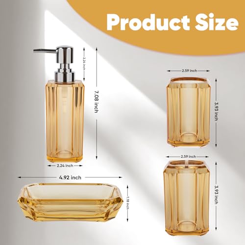 LGURT 4-Piece Champagne Gold Bathroom Accessories Set with Soap Dispenser, Soap Dish, Tumbler & Toothbrush Holder, Glossy Acrylic with Champagne Accent, Vanity Bathroom Decor - Image 2