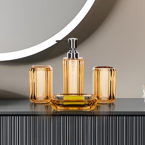 LGURT 4-Piece Champagne Gold Bathroom Accessories Set with Soap Dispenser, Soap Dish, Tumbler & Toothbrush Holder, Glossy Acrylic with Champagne Accent, Vanity Bathroom Decor - Image 5