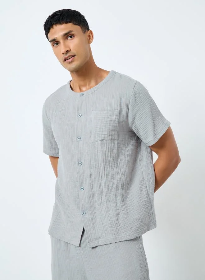 Styli Styli Men Grey Cotton Textured Shirt and Pyjama Set