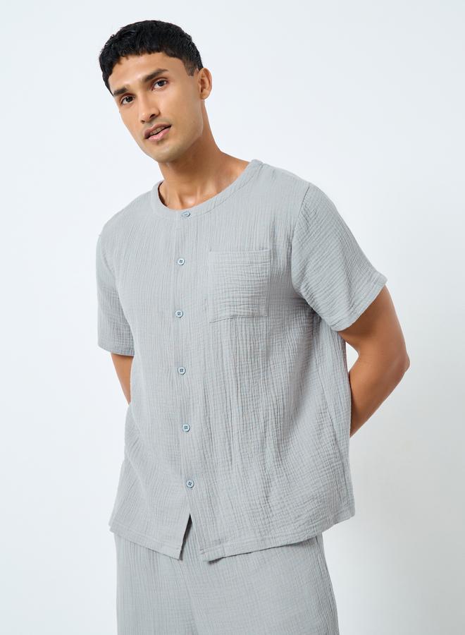 Styli Men Grey Cotton Textured Shirt and Pyjama Set - Image 2