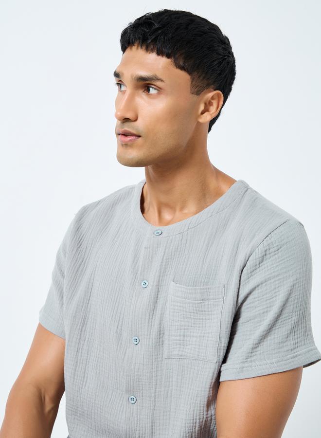 Styli Men Grey Cotton Textured Shirt and Pyjama Set - Image 3