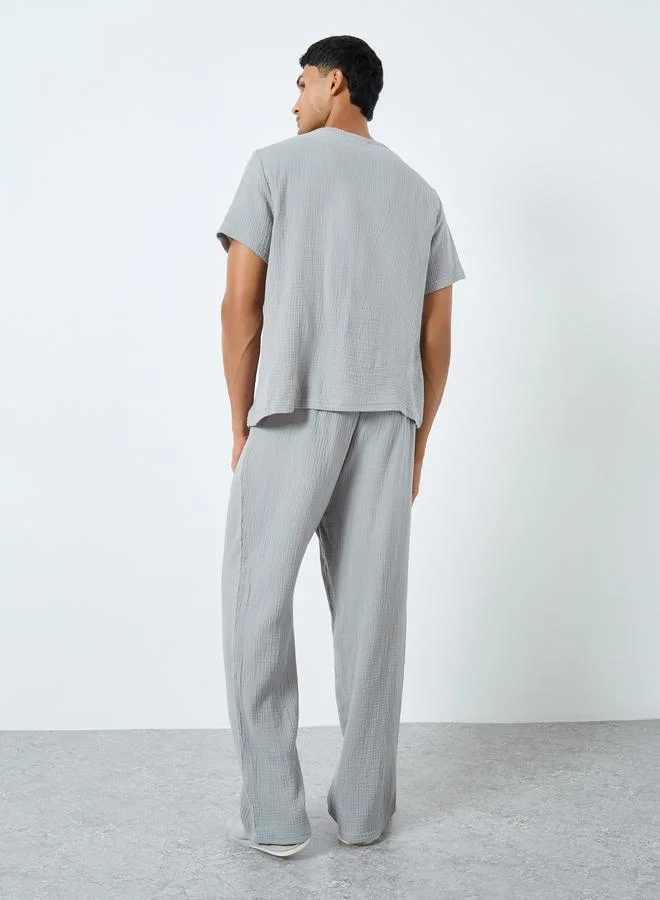 Styli Styli Men Grey Cotton Textured Shirt and Pyjama Set