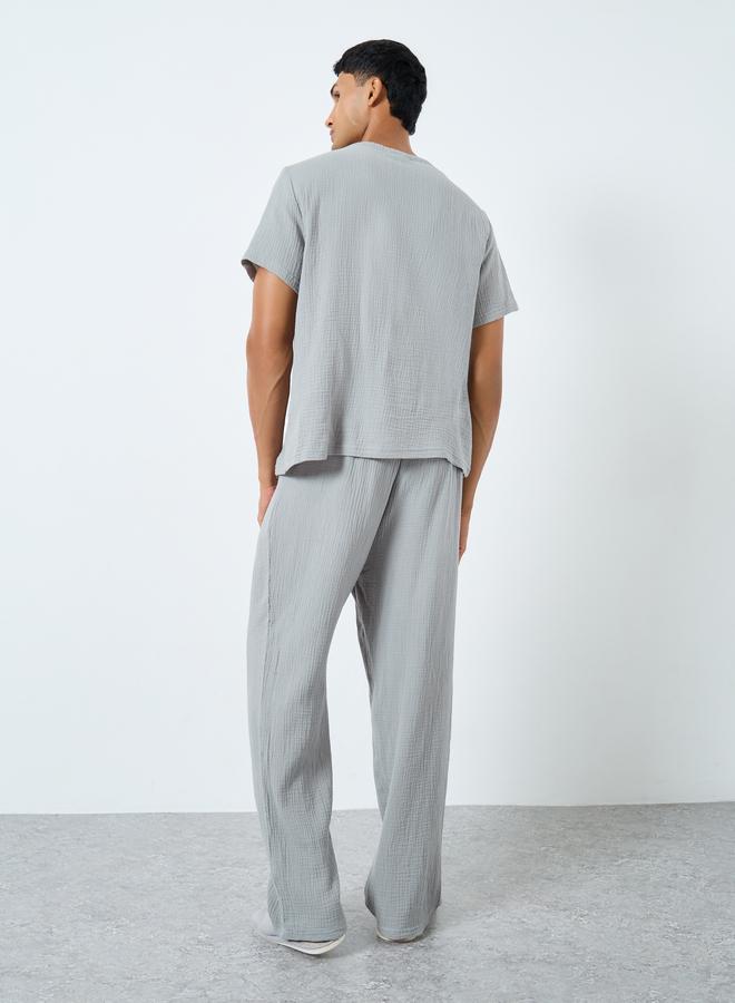 Styli Men Grey Cotton Textured Shirt and Pyjama Set - Image 4