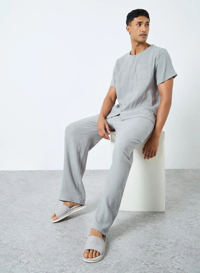 Styli Men Grey Cotton Textured Shirt and Pyjama Set