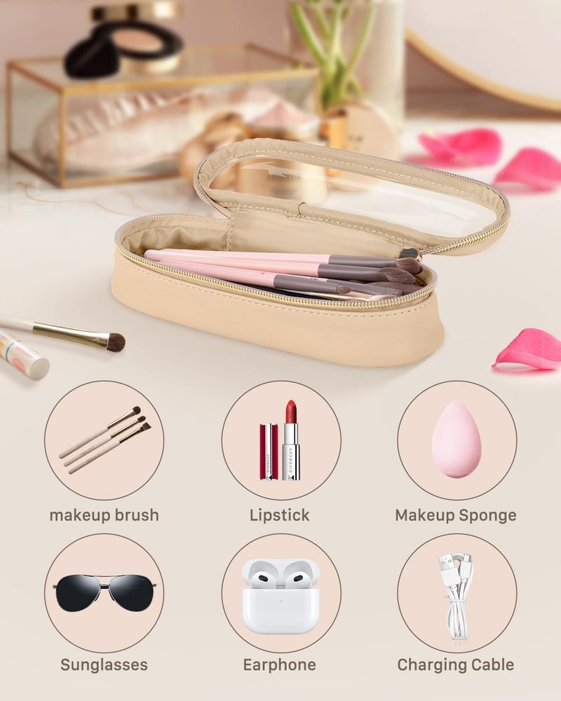Soimeat Clear Travel Makeup Brush Holder, Leather Makeup Brush Toiletry Bag, Khaki, Small, Clear Travel Makeup Brush Bag - Image 2