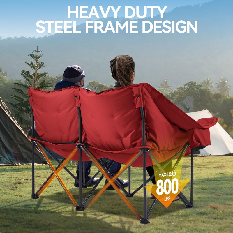 Huskfirm Double Camping Chairs Padded Loveseat Chair for 2 Person - Heavy Duty Oversized Camping Couch for Adults Outdoor Lawn Beach - Portable Folding Sofa with Cup Holders and Carry Bag, Red - Image 4