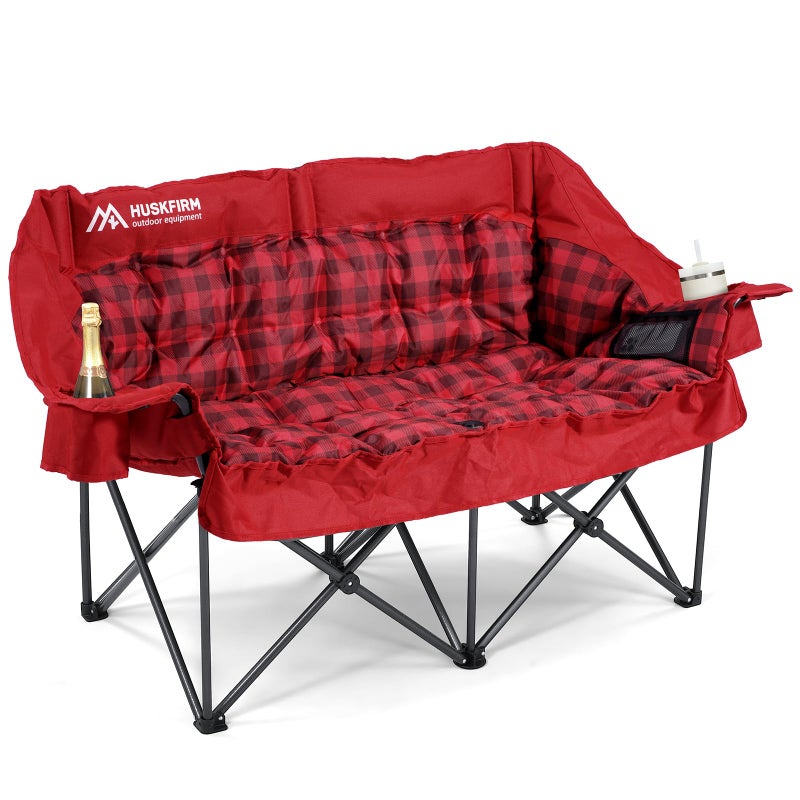 Huskfirm Double Camping Chairs Padded Loveseat Chair for 2 Person - Heavy Duty Oversized Camping Couch for Adults Outdoor Lawn Beach - Portable Folding Sofa with Cup Holders and Carry Bag, Red - Image 1