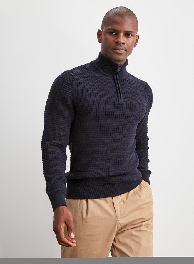 trendyol Navy Blue Textured Slim Fit Knitwear Sweater  Half Turtleneck - Image 1