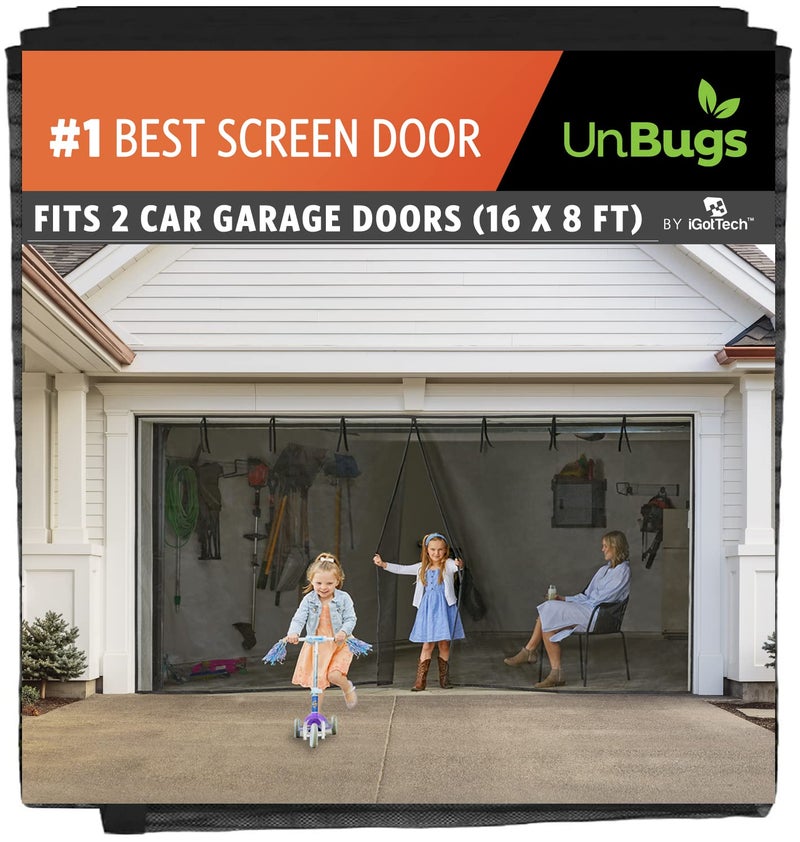 iGotTech UnBugs Garage Screen Doors for 2 Car Garage - Fits Double Garage Doors up to 16 Feet Wide x 8 Feet Tall MAX- Pet & Kid Friendly, Self-Closing - Hands Free Magnet Closure Keeps Bugs Out & Breeze in - Image 1