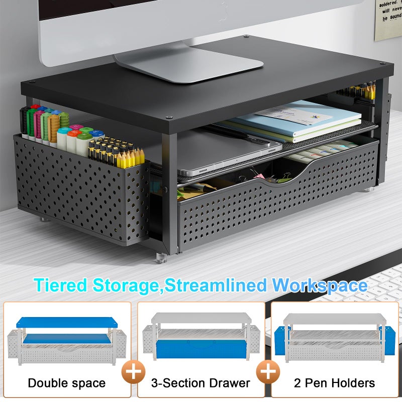 gianotter Wood Monitor Stand Riser, Office Desk Shelf Organizer, Desk Organizer with Drawer and Pen Holder, 2-Tier Computer Stand, Office Organization (Ink) - Image 5