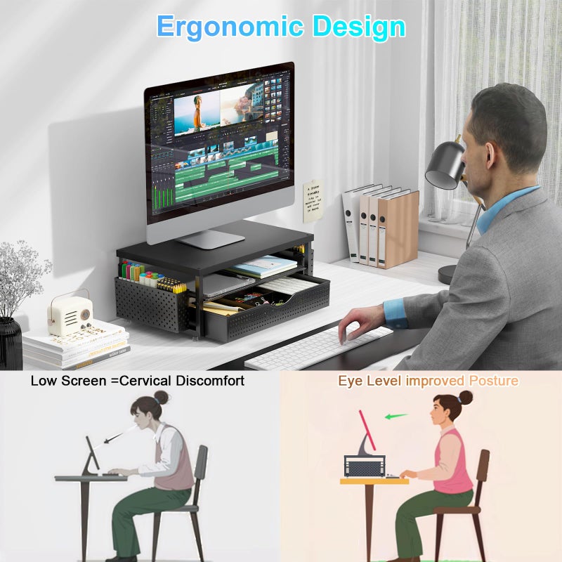 gianotter Wood Monitor Stand Riser, Office Desk Shelf Organizer, Desk Organizer with Drawer and Pen Holder, 2-Tier Computer Stand, Office Organization (Ink) - Image 2