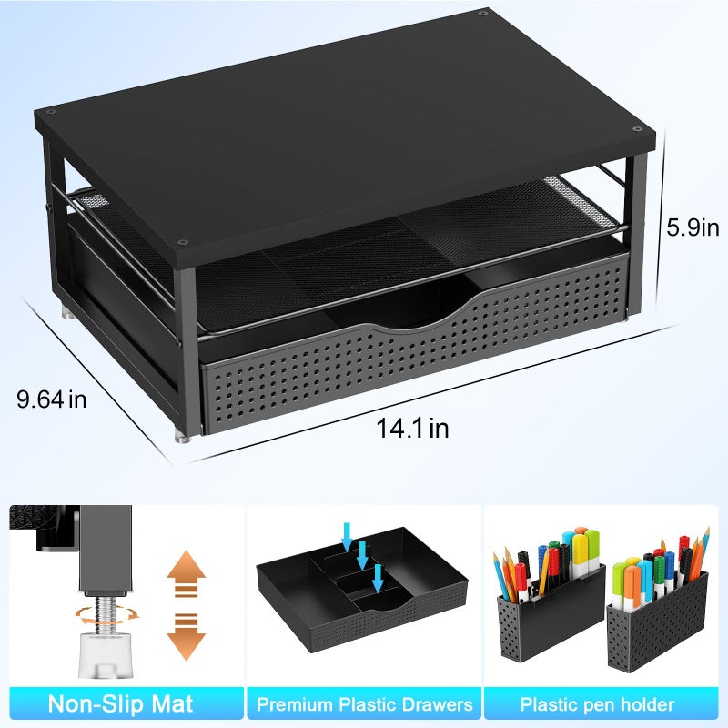 gianotter Wood Monitor Stand Riser, Office Desk Shelf Organizer, Desk Organizer with Drawer and Pen Holder, 2-Tier Computer Stand, Office Organization (Ink) - Image 4