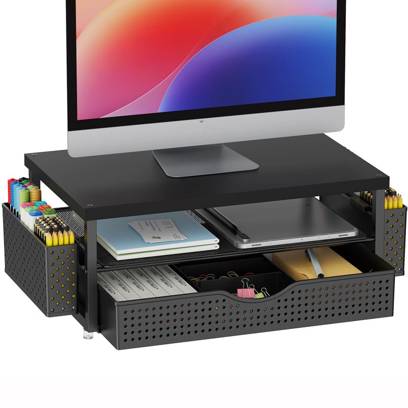 gianotter Wood Monitor Stand Riser, Office Desk Shelf Organizer, Desk Organizer with Drawer and Pen Holder, 2-Tier Computer Stand, Office Organization (Ink) - Image 1