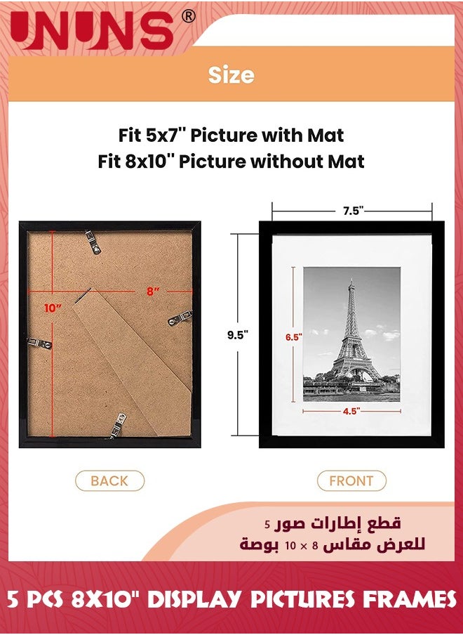 UNUNS - Picture Frame Set of 5, 8"x10"Picture Frames, Display Pictures 6x8 With Mat Or 8x10 Without Mat, Multi Photo Frames Collage, Tabletop Or Wall Display Decoration,Black - Image 1