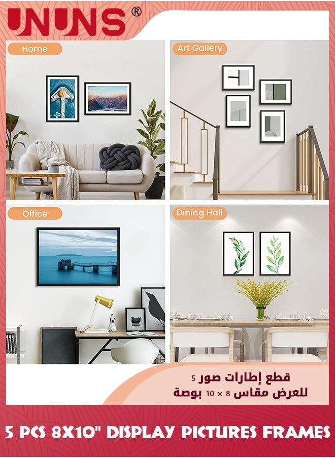 UNUNS - Picture Frame Set of 5, 8"x10"Picture Frames, Display Pictures 6x8 With Mat Or 8x10 Without Mat, Multi Photo Frames Collage, Tabletop Or Wall Display Decoration,Black - Image 1