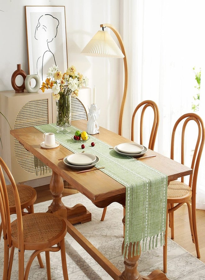 Chassic Rustic Farmhouse Style Linen Table Runner, Boho Handmade Tassel Embroidered Small Table Runners 48 Inches Long for Holiday Party, Christmas and Dining Decorations, 13 inchW X 48 inchL - Sage Green - Image 3