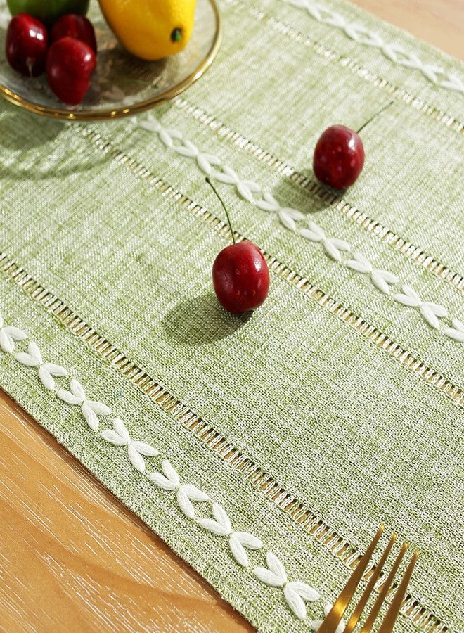Chassic Rustic Farmhouse Style Linen Table Runner, Boho Handmade Tassel Embroidered Small Table Runners 48 Inches Long for Holiday Party, Christmas and Dining Decorations, 13 inchW X 48 inchL - Sage Green - Image 4