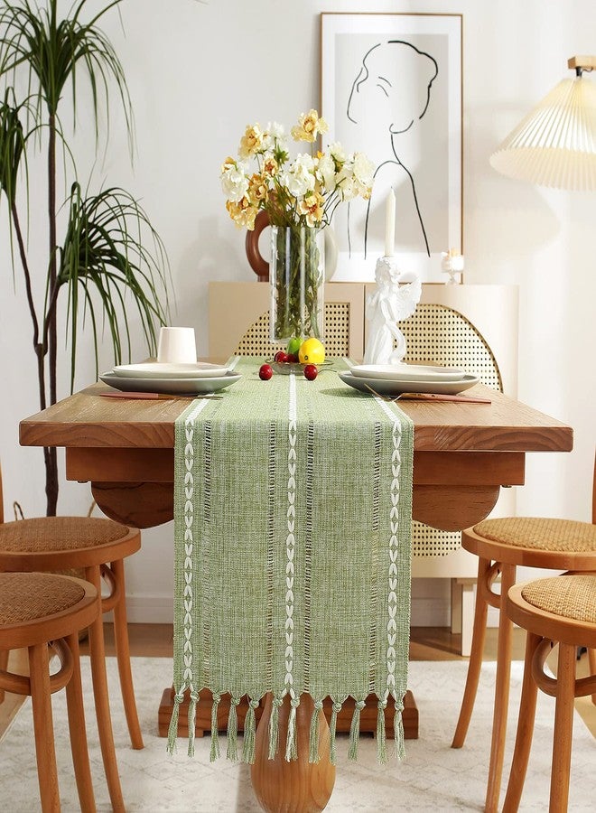 Chassic Rustic Farmhouse Style Linen Table Runner, Boho Handmade Tassel Embroidered Small Table Runners 48 Inches Long for Holiday Party, Christmas and Dining Decorations, 13 inchW X 48 inchL - Sage Green - Image 1