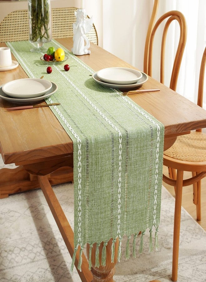 Chassic Rustic Farmhouse Style Linen Table Runner, Boho Handmade Tassel Embroidered Small Table Runners 48 Inches Long for Holiday Party, Christmas and Dining Decorations, 13 inchW X 48 inchL - Sage Green - Image 2