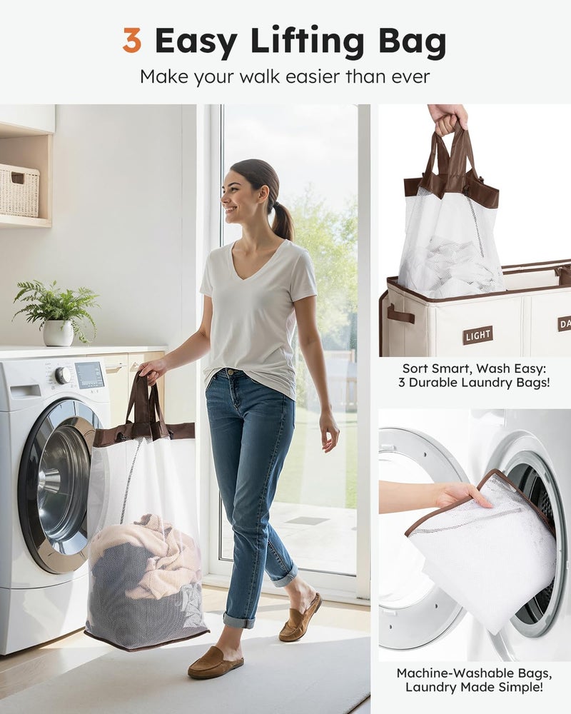 SOLEDI 200L 3-Section Laundry Hamper with Lid, Extra Large Dirty Clothes Basket with Sturdy Handles for Laundry Room & Bedroom - Durable Organizer for Sorting Laundry - Image 4