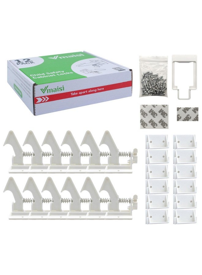 في ماسي 12 حزمة من أقفال خزانة الأطفال، مزلاج سلامة الأطفال، قفل درج خزانات حماية الأطفال من Vmaisi مع مادة لاصقة سهلة التركيب بدون حفر أو براغي إضافية (أبيض) - Image 4