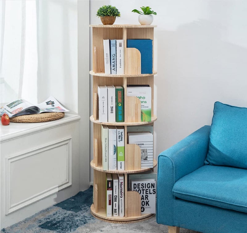 Rotating Bookshelf 360 Display 4 Tier Floor Standing Bookcase Storage Rack for KidsAdults Solid Wood Bookshelf Organizer