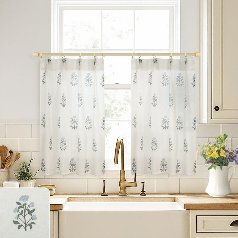 Lino Rosa Cafe Curtains for Kitchen,Pinch Pleated Small Window Curtains Over Sink,Farmhouse Linen Sheer Blue and Green Floral Vintage Block Print 24 Inch Length Half Curtains Sets for Windows - Image 1