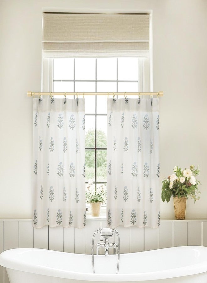 Lino Rosa Cafe Curtains for Kitchen,Pinch Pleated Small Window Curtains Over Sink,Farmhouse Linen Sheer Blue and Green Floral Vintage Block Print 24 Inch Length Half Curtains Sets for Windows - Image 5