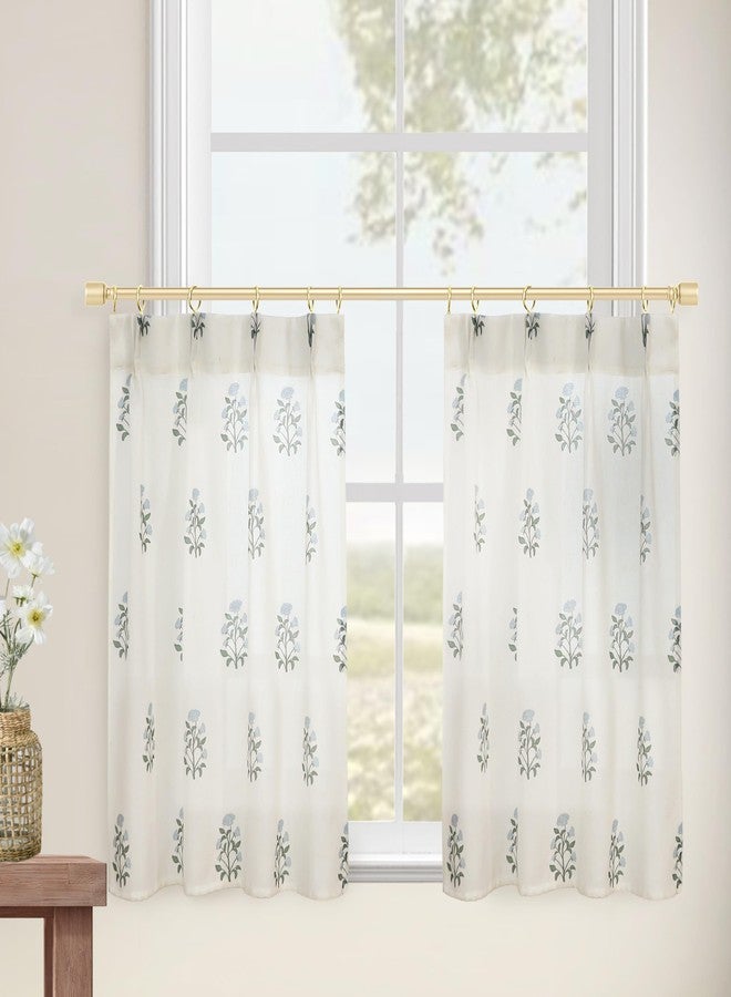 Lino Rosa Cafe Curtains for Kitchen,Pinch Pleated Small Window Curtains Over Sink,Farmhouse Linen Sheer Blue and Green Floral Vintage Block Print 24 Inch Length Half Curtains Sets for Windows - Image 3