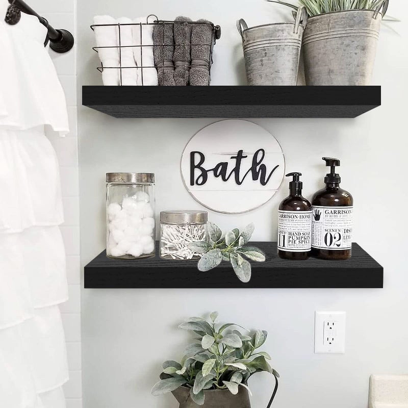QEEIG Floating Shelves for Wall 23.6" Long - Wall Mounted Shelf Bathroom Kitchen Living Room Bedroom Farmhouse Home Decor Display Bookshelf Large 23.6 x 9.3 inch Set of 2, Black (008-60B) - Image 2
