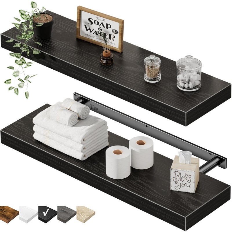 QEEIG Floating Shelves for Wall 23.6" Long - Wall Mounted Shelf Bathroom Kitchen Living Room Bedroom Farmhouse Home Decor Display Bookshelf Large 23.6 x 9.3 inch Set of 2, Black (008-60B) - Image 1